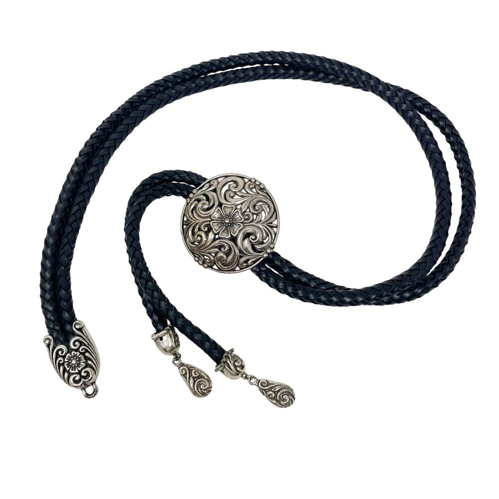 Vintage Women's Black Leather Braided Belt Silver Tone Circle Buckle Bolo Style